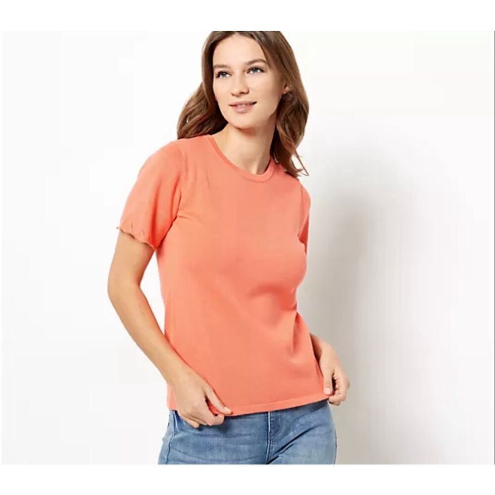 Laurie Felt cotton blend Round Neck Scallop Sweater Tee Top Light Coral Sz XXS